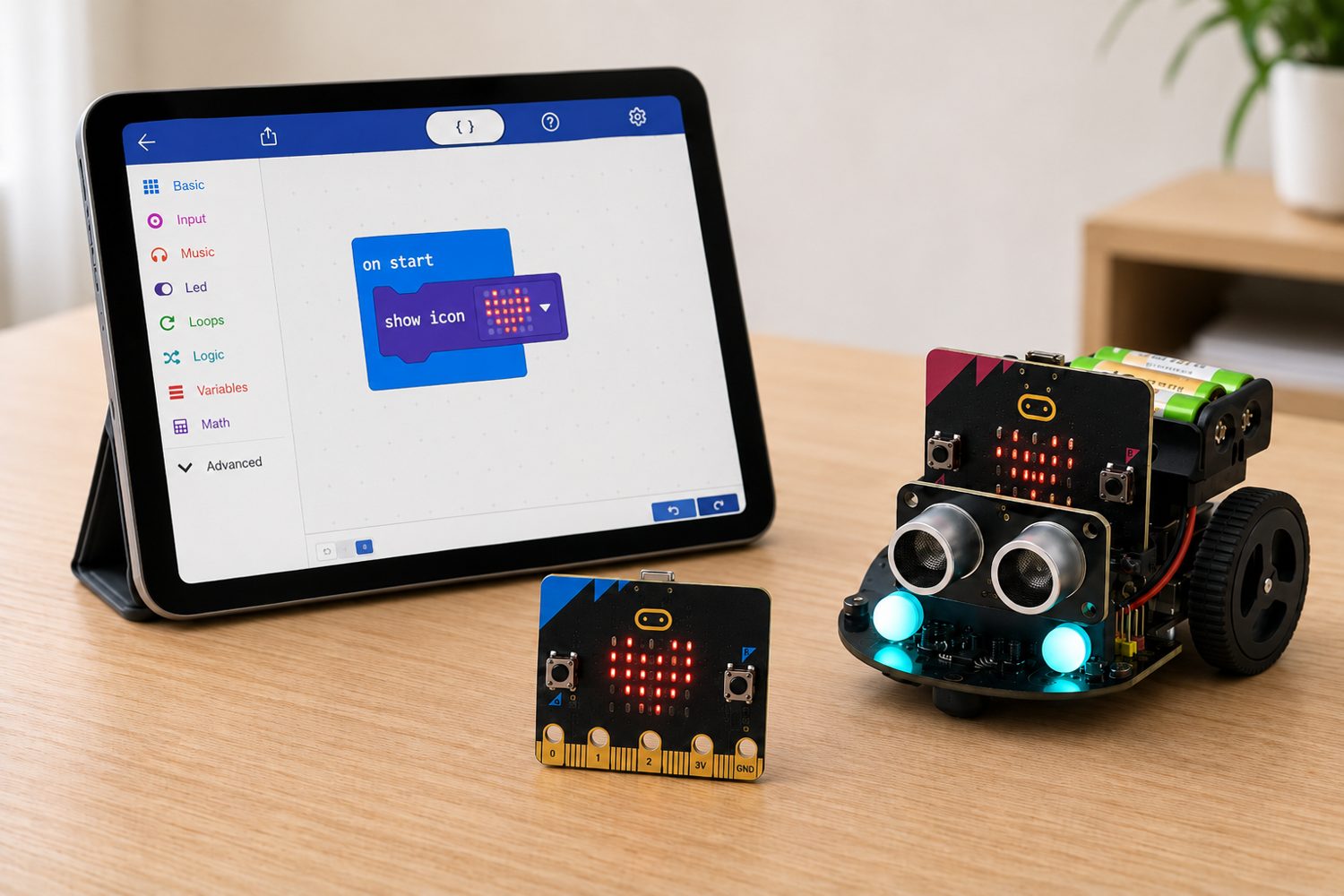 Una postazione del Make & Code Lab: tablet con MakeCode, un micro:bit e un robot